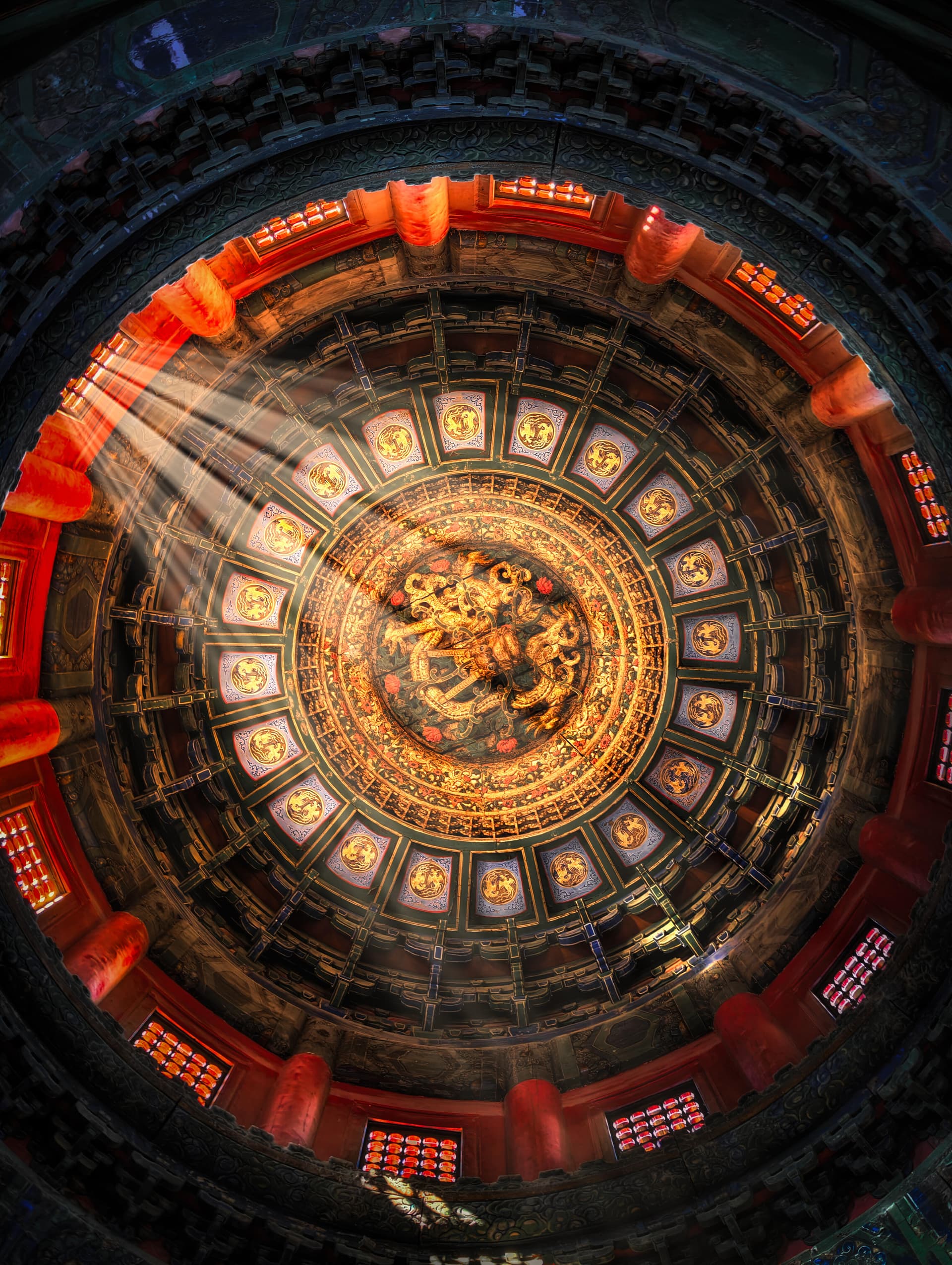 A richly painted traditional Chinese ceiling in Beijing