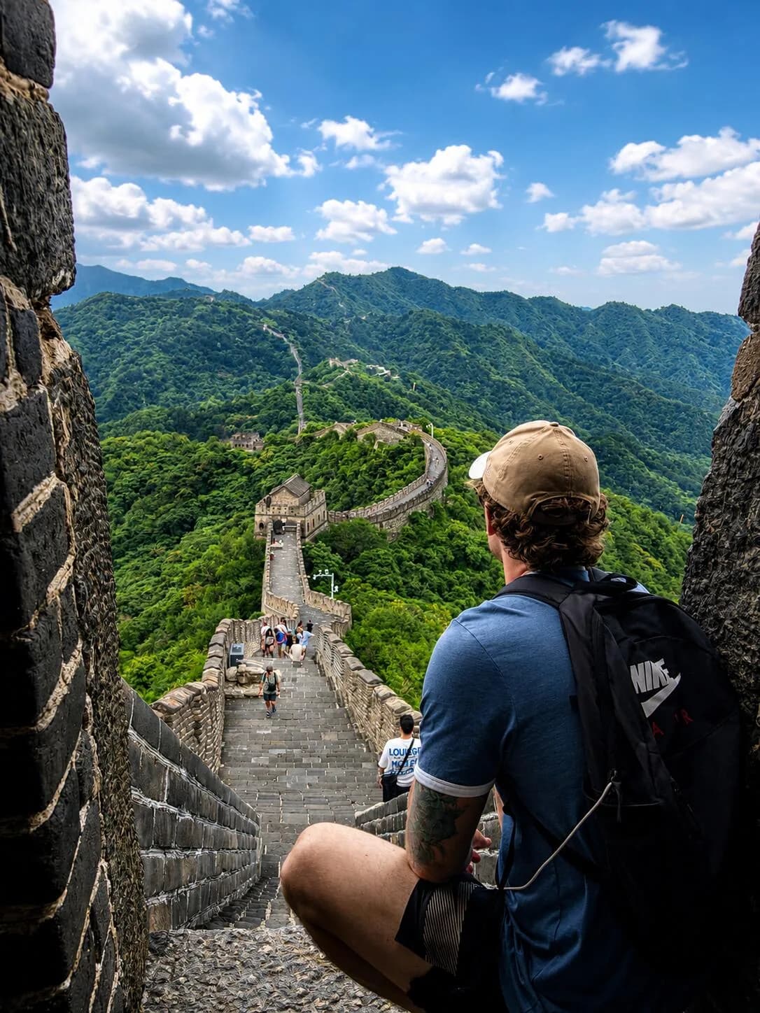 A traveler looking across the Great Wall as it winds through green mountains near Beijing