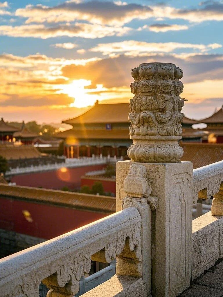Stone courtyards and palace roofs inside the Forbidden City in Beijing