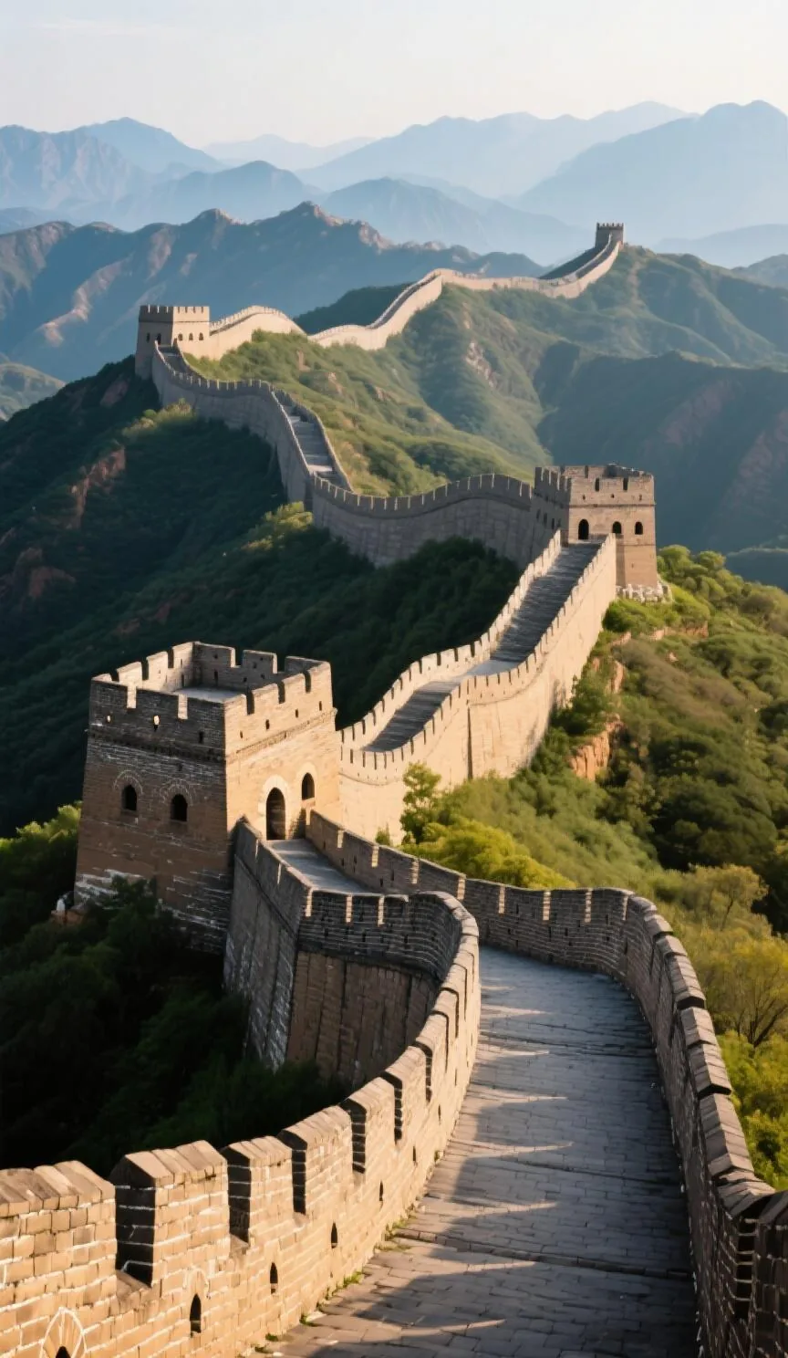 Great Wall ramparts crossing forested mountains near Beijing