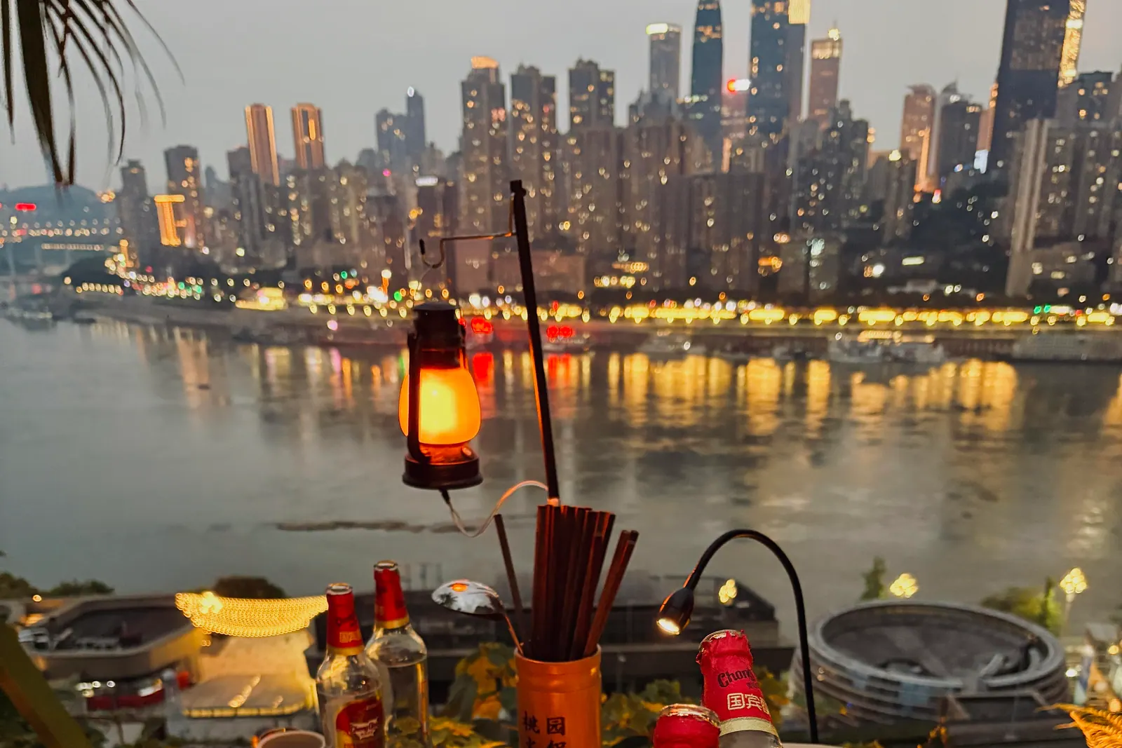 A Chongqing hotpot table overlooking the mountain city's lights