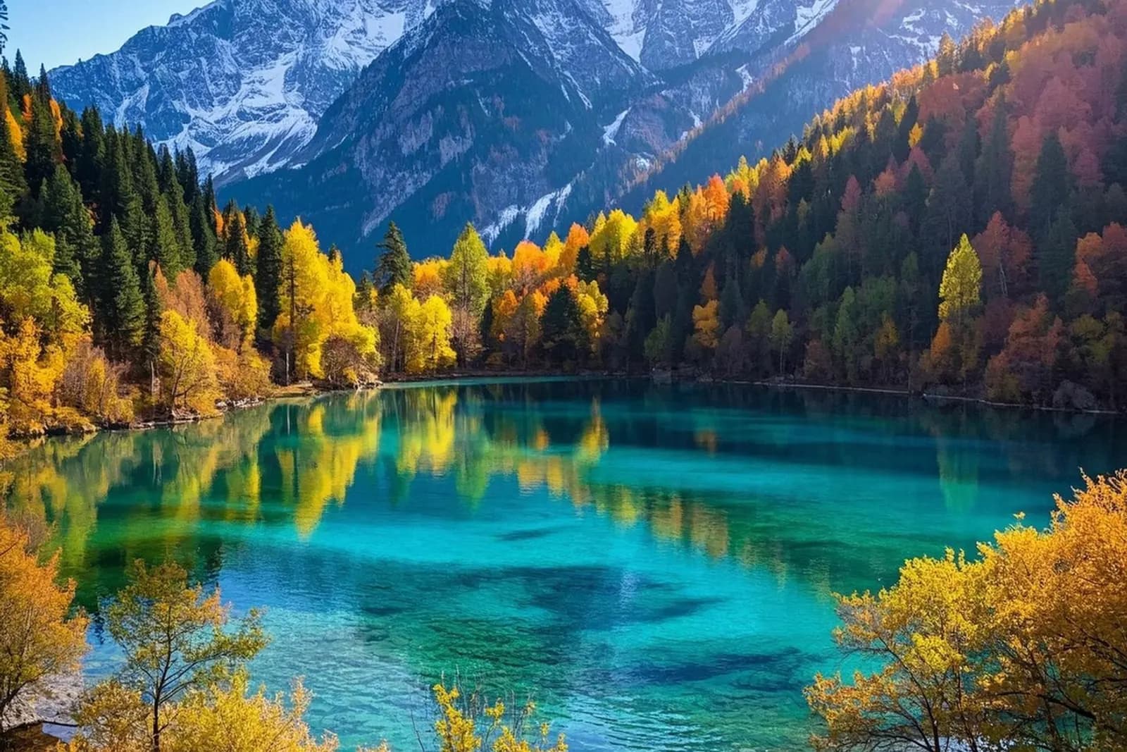 Clear turquoise lake surrounded by forest in Jiuzhaigou
