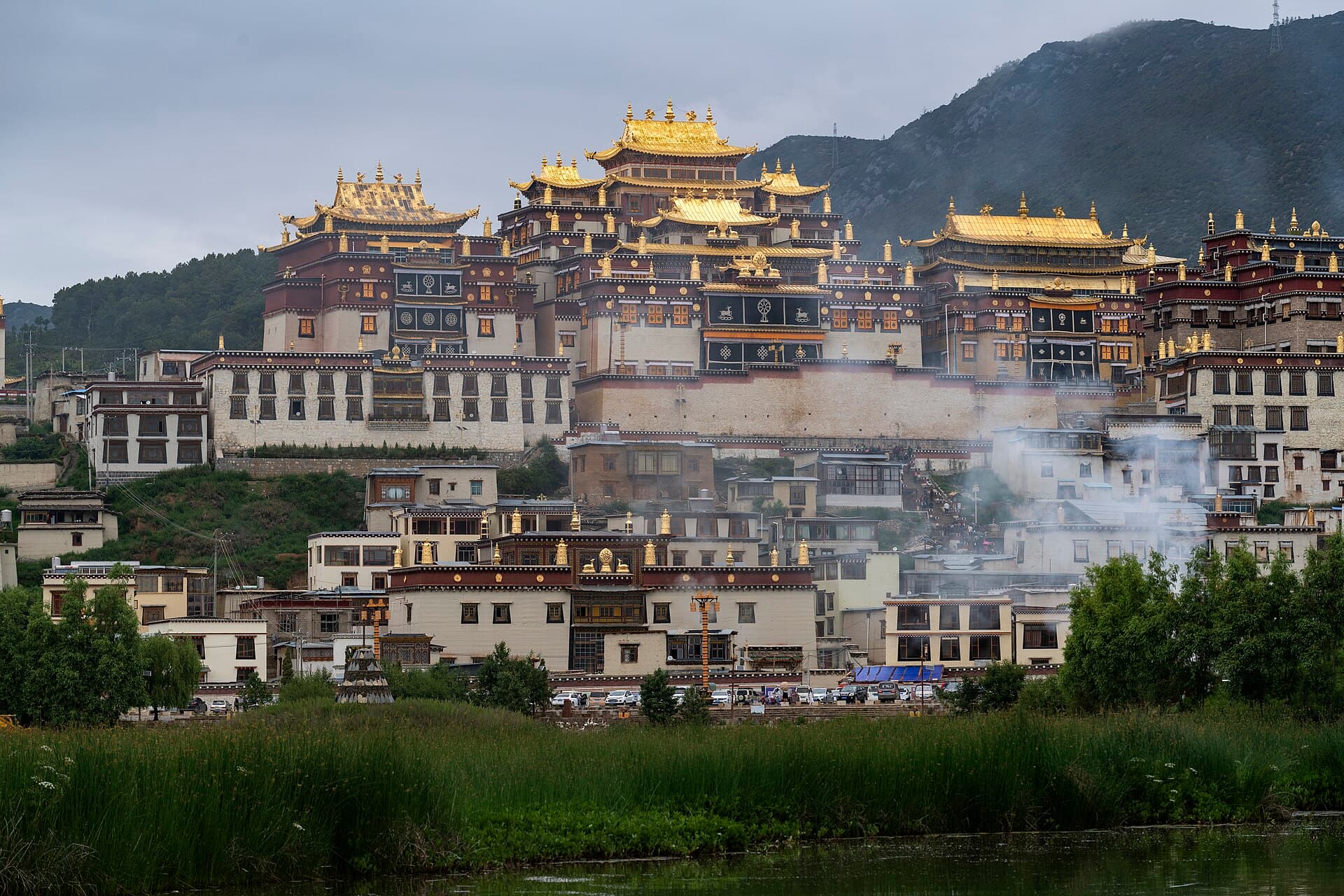 Ganden Sumtseling Monastery above the highland landscape near Shangri-La