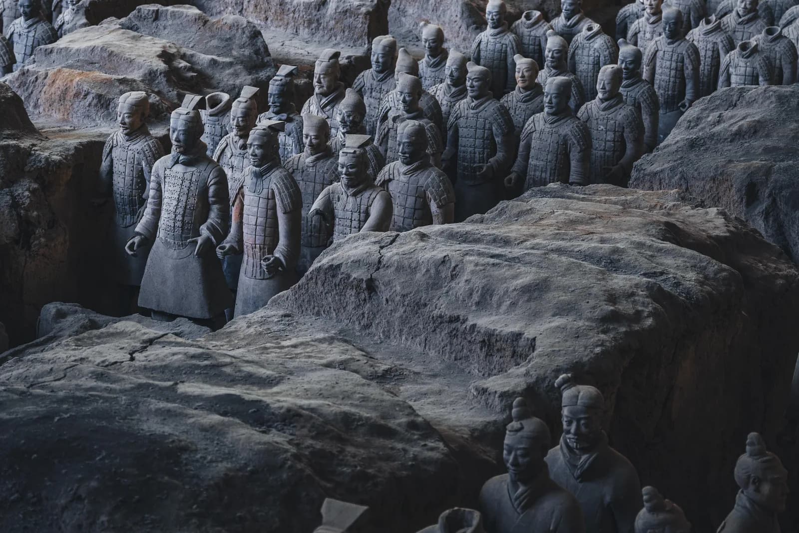 Terracotta Warriors standing in formation at the Emperor Qinshihuang museum