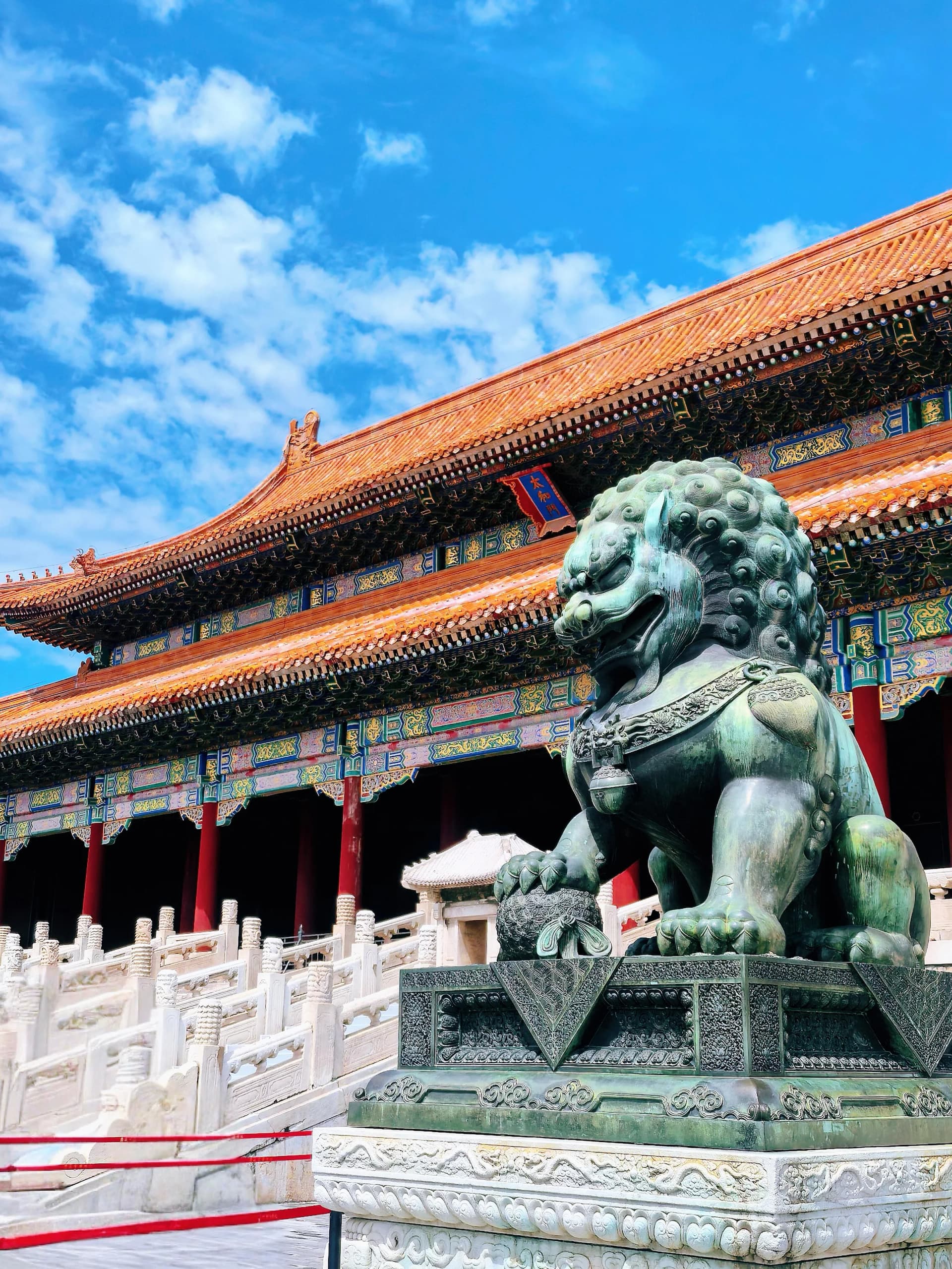Bronze guardian lion at the entrance to the Forbidden City in Beijing