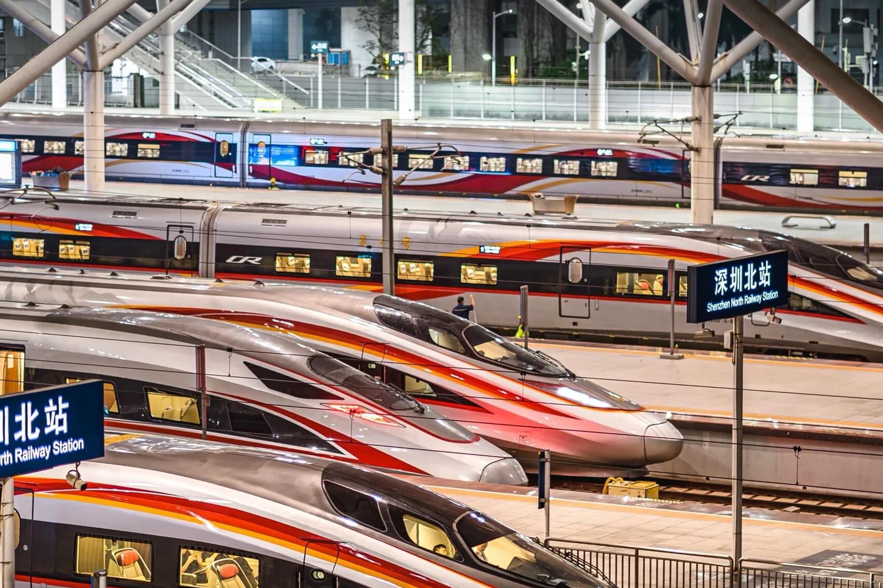 Fuxing high-speed trains lined up at Shenzhen North Railway Station