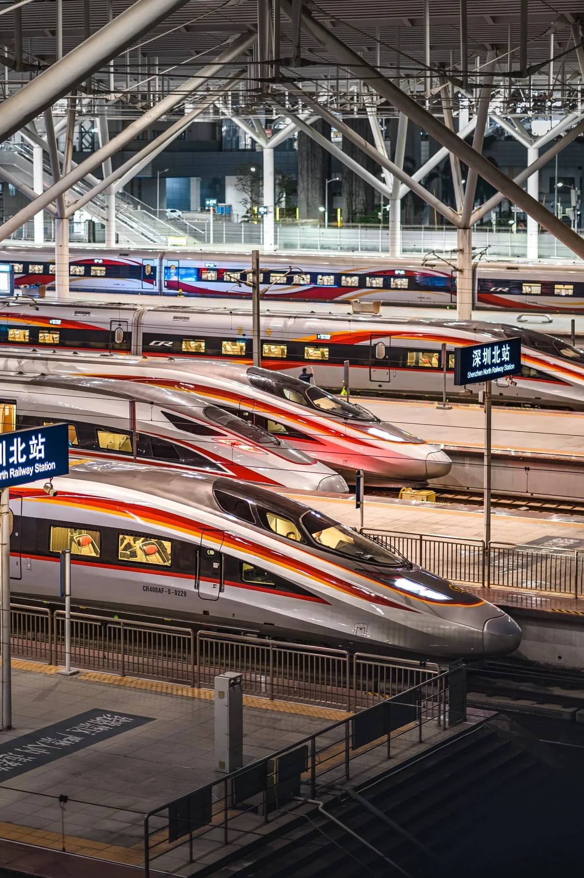 Fuxing high-speed trains lined up at Shenzhen North Railway Station