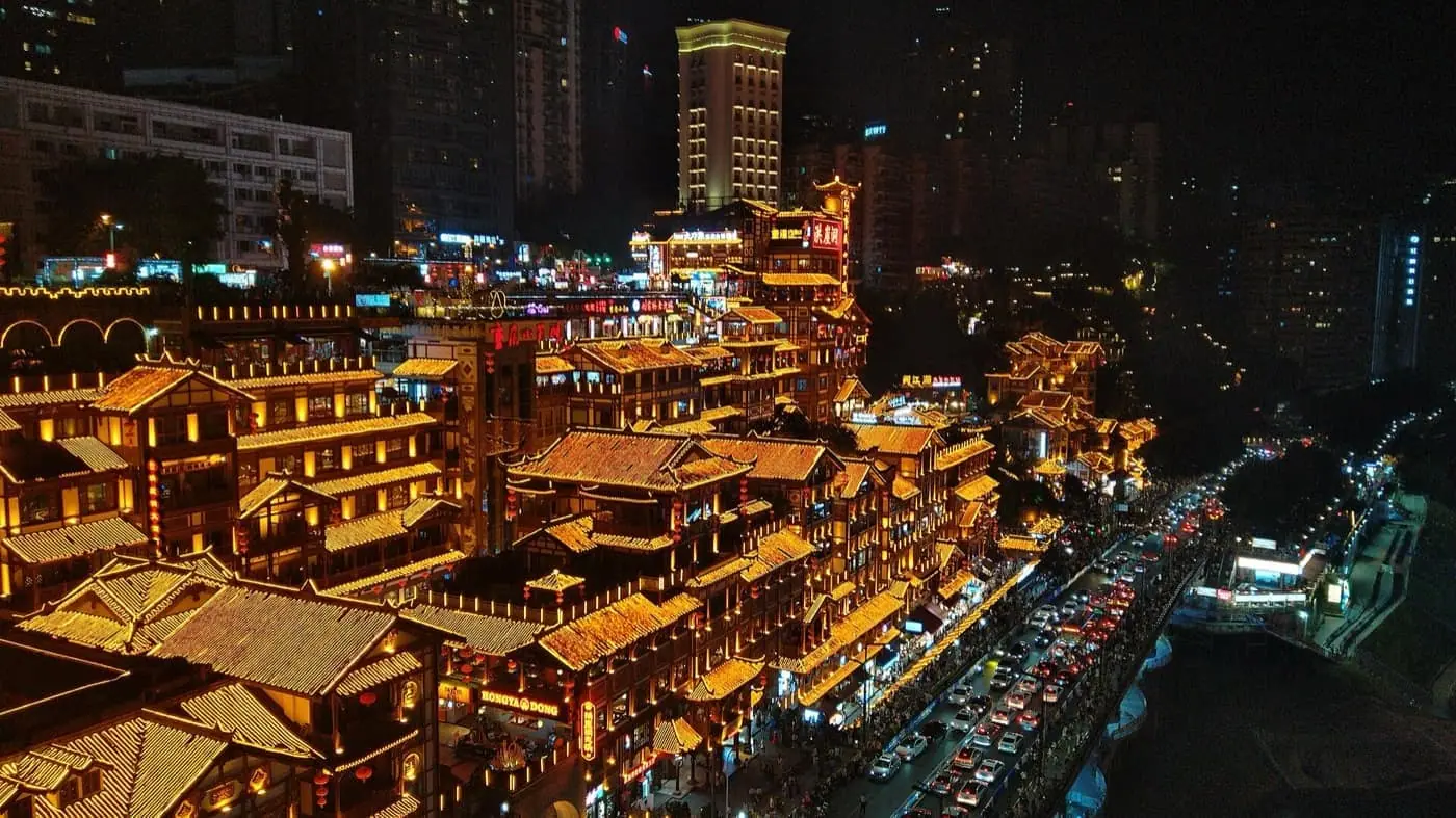 Hongya Cave and Chongqing riverside lights