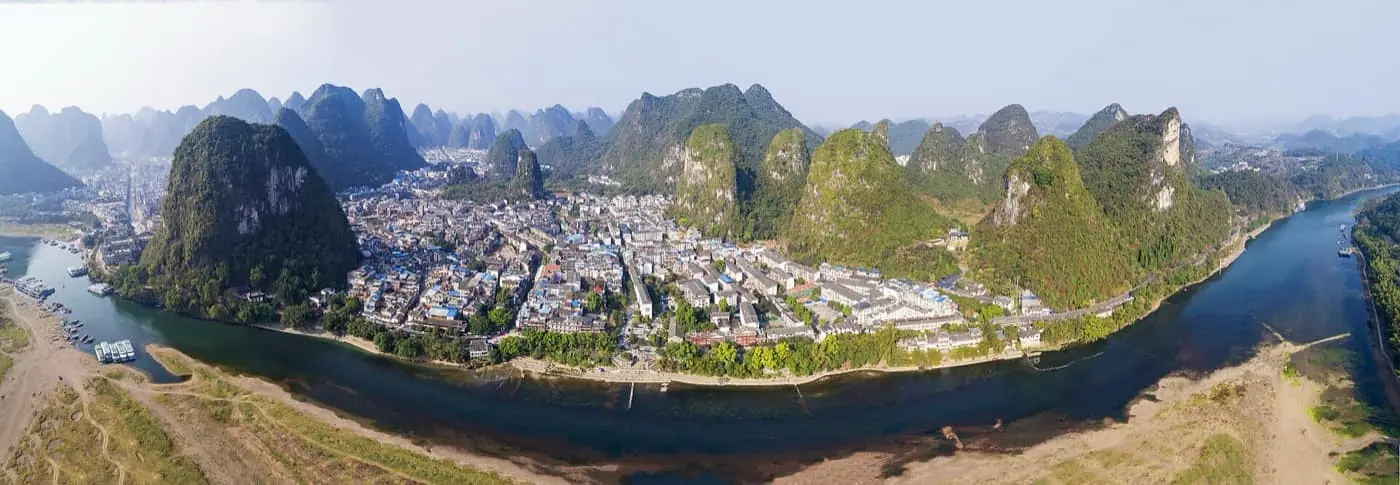 Yangshuo countryside and karst mountains in bright daylight