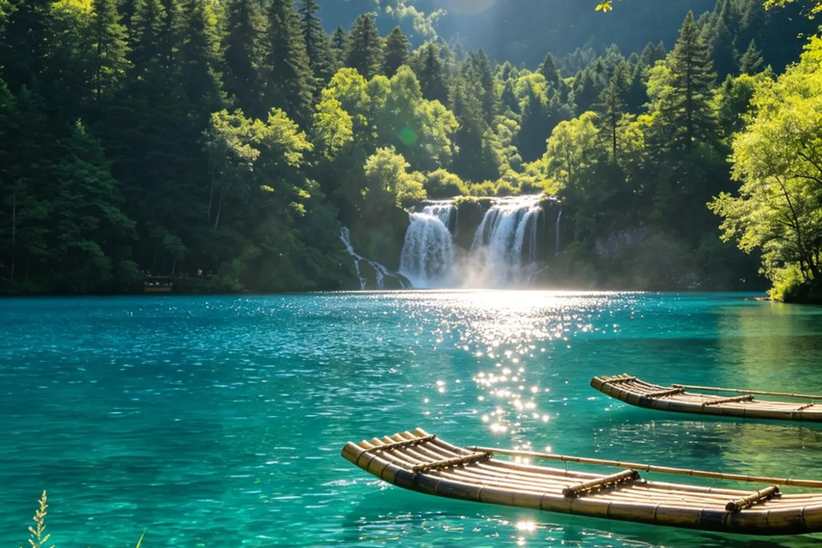 Summer mountain lake and forest near Jiuzhaigou