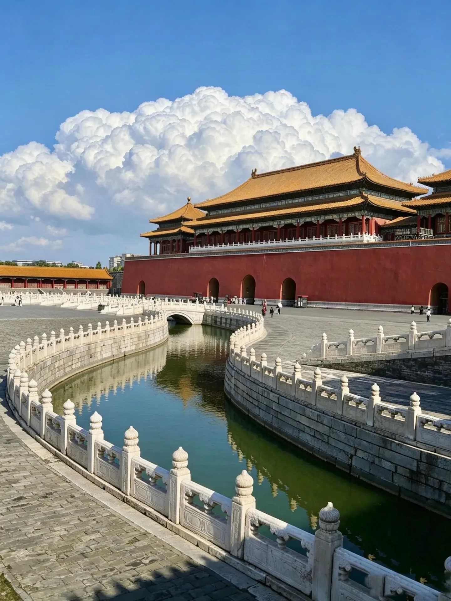 The Forbidden City outer wall and moat in Beijing beneath a bright sky