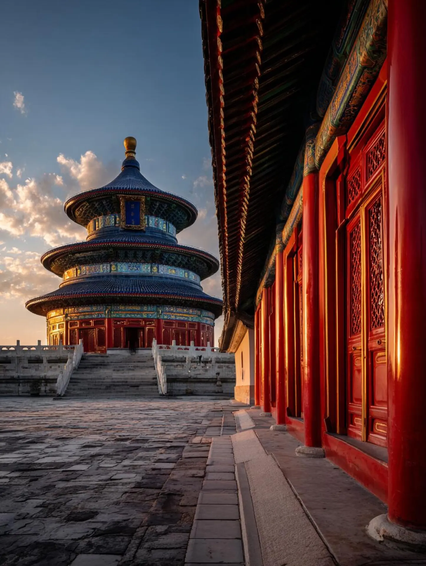 The Temple of Heaven Hall of Prayer seen beside a red corridor in Beijing